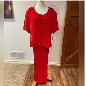 Vintage Laura Michelle Red Rayon 2 Piece Set Studded Top Pleated Maxi Skirt XL